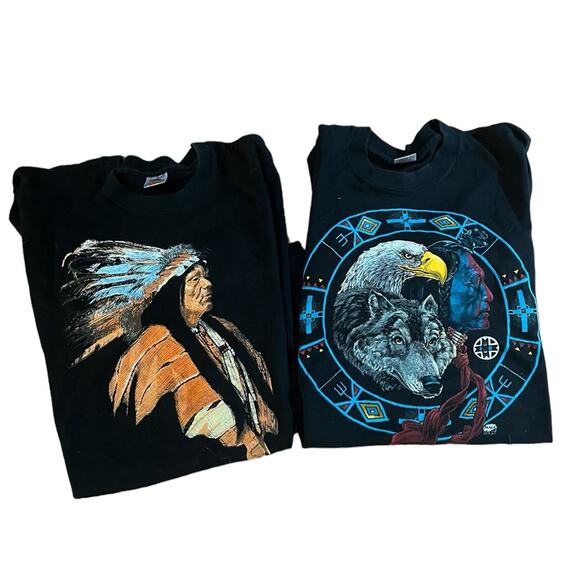 Vtg 90s Set of 2 Native American Eagle Fox Fruit of The Loom Cotton T-Shirts - Picture 1 of 8